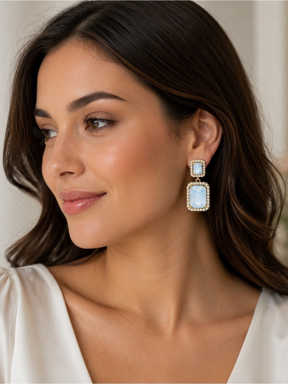 Elegant Opalite & Faux Pearl Gold Tone Statement Drop Earrings - Picture 2 of 4